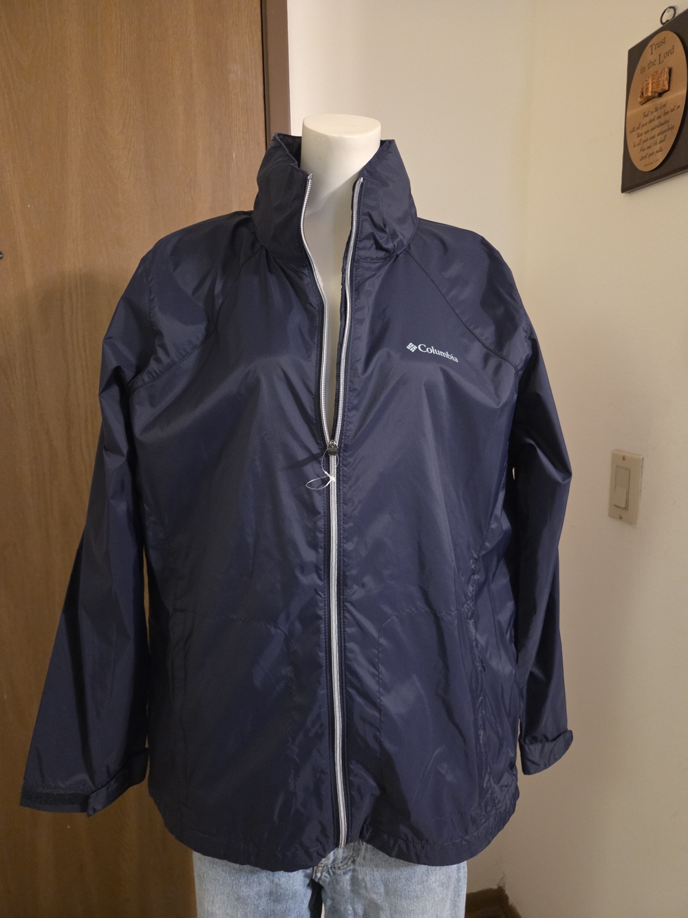 Columbia Women’s Navy Rain Wind Jacket Stowaway Hood 1X